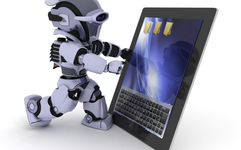 3D render of a Robot with a digital tablet